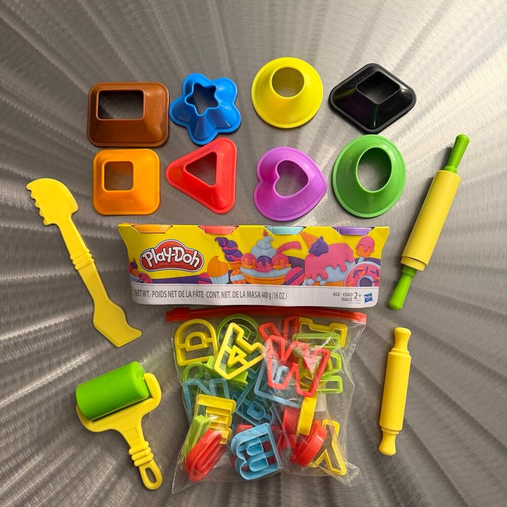 Play-Doh 4 Pack Tool & Accessories Bundle Letters Shapes - Play-Doh is New